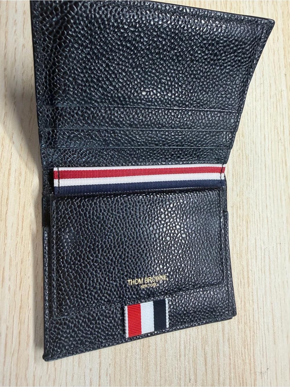 Thom Browne Black Pebbled Leather Card Case with Red, White & Blue Tricolor